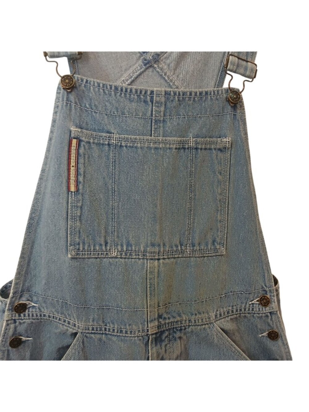 Vtg Abe Jeans Denim Overalls Womens Sz L Adj Straps Front Pocket Made Macau #B3 - Picture 7 of 13